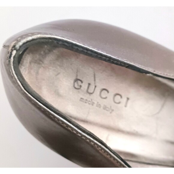 GUCCI Silver Blush Metallic Leather Platform Heels Sz 8 Made in Italy Wood Heel - Picture 7 of 16